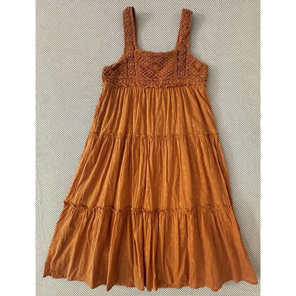 Lush Crochet Dress Women Sz S 4/6 Tiered Midi Ruffle‎ Trim Flowy Feminine Orange